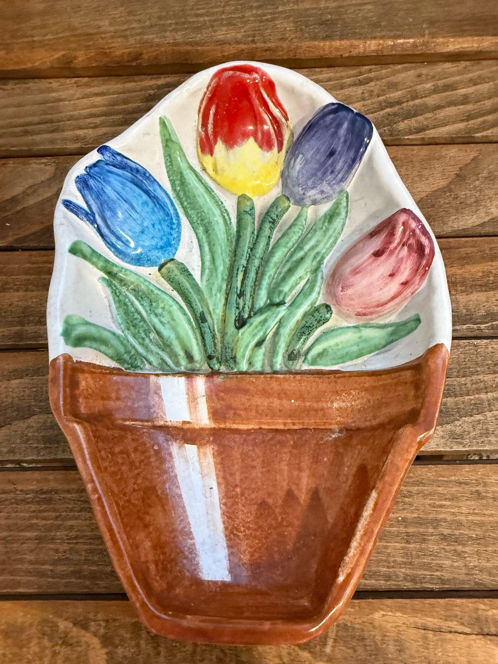 Vintage Italian Ceramic Tulip Wall Plaque, Mid-Century Hand-Painted Majolica